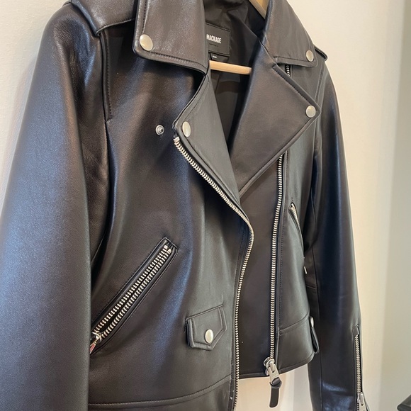 Women black leather Mackage jacket. - Picture 3 of 5